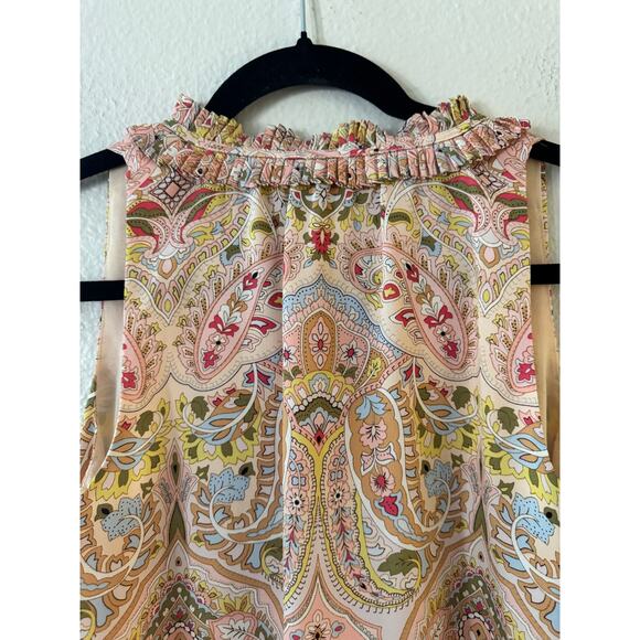 T Tahari Split Neck Ruffle Peplum Top XS Pink Cream Paisley Shirred Sleeveless - Picture 6 of 9
